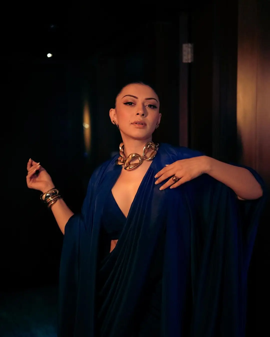 Actress Hansika Motwani Images in Blue Color Saree Sleeveless Blouse